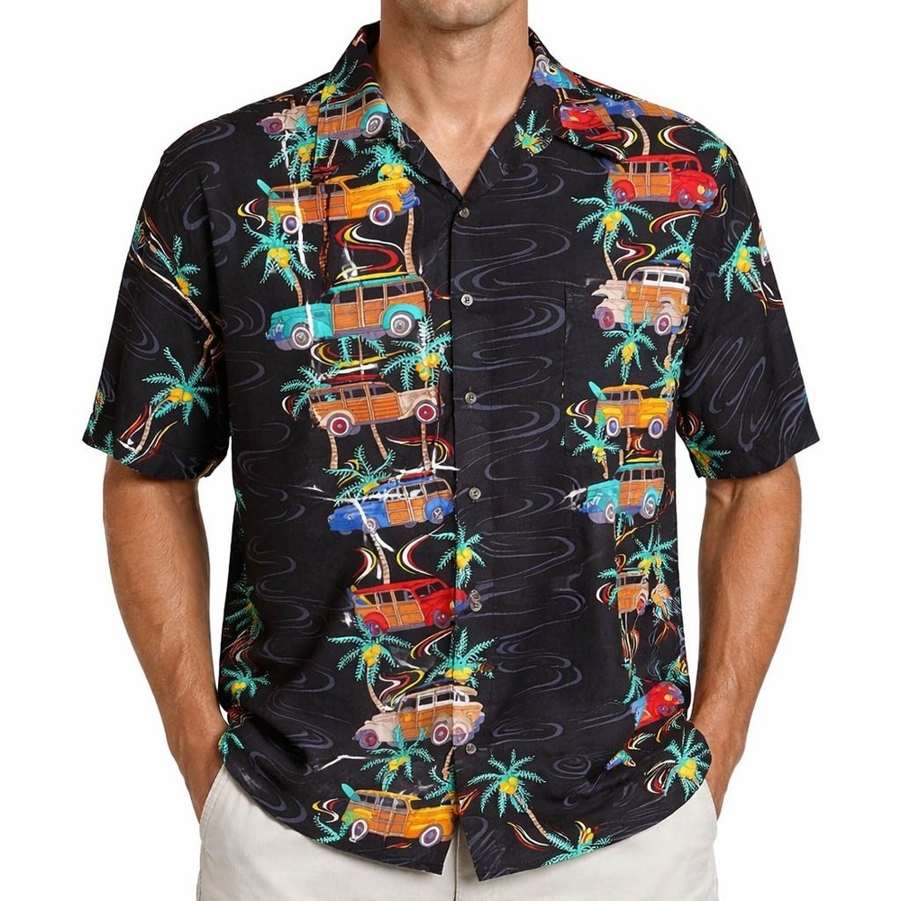 Monzini Hawaiian Aloha Shirt XL Woodies Cars Beach Swirls Palm Trees Black